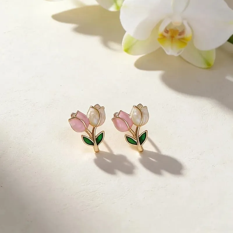 Aretes de esmalte con patrón de tulipanes  160914