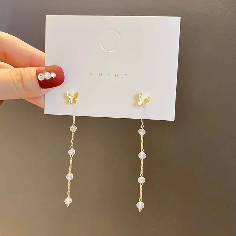 Aretes mariposa dorada e hilo de perlas fantasía fina 260134