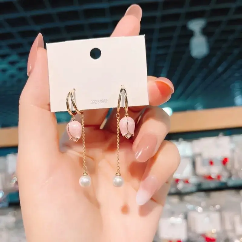 Aretes tulipán con perla colgante largos fantasía 190826