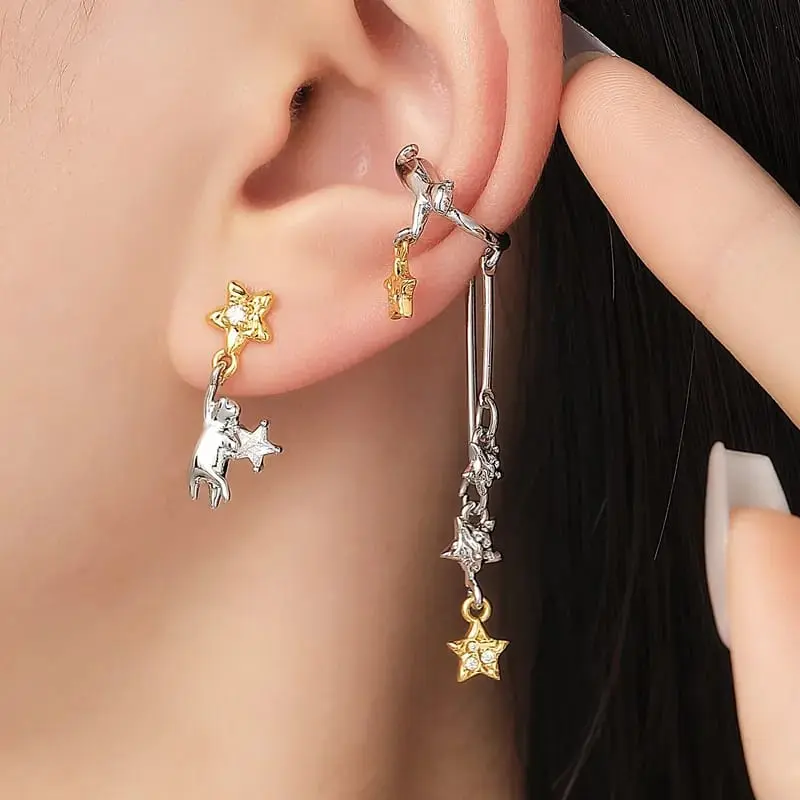 Aretes asimétricos gatito colgante de acero/inoxidable