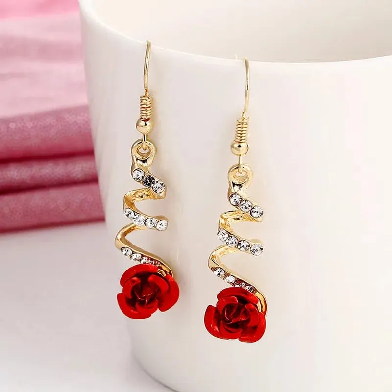 Aretes flor rosa espiral larga aleación 240719