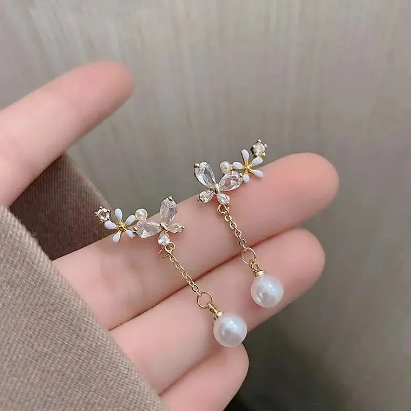 Aretes flor, mariposa y perla colgante aleación 190807