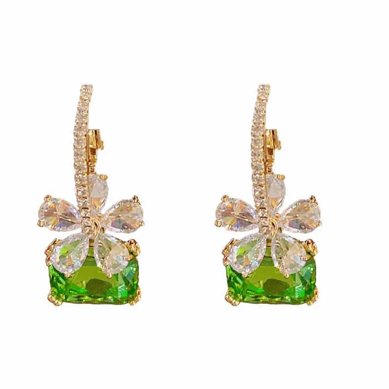 Aretes flor cristal y cuadro verde fantasía 190838