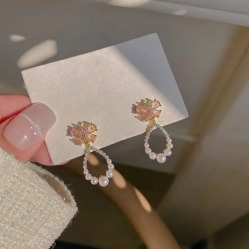 Aretes de gota estilo coreano con patron de mariposa rosa 301009