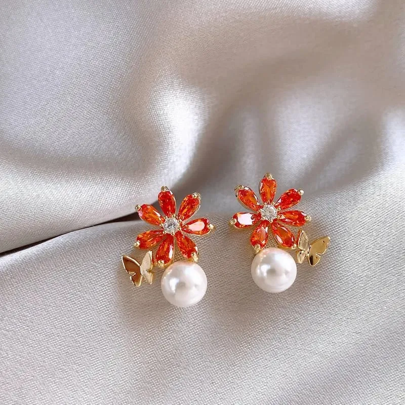 Aretes con diseño de flor y perlas  160932