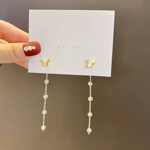 Aretes mariposa dorada e hilo de perlas fantasía fina 260134