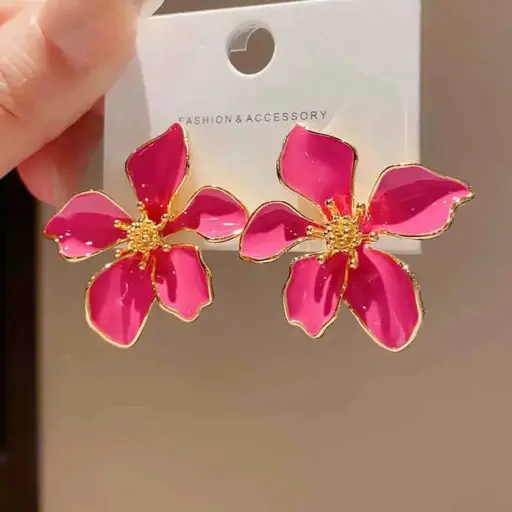 Aretes flor rosa grande de fantasía fina 260135